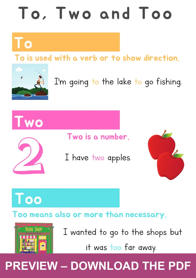 Watermarked preview of the to two and too homophones poster