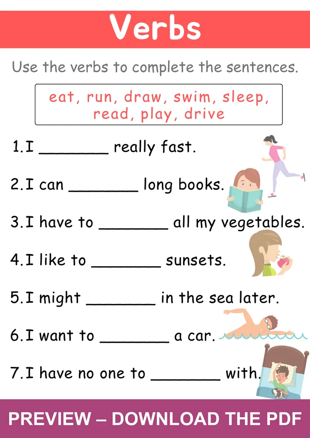 Watermarked preview of the verbs worksheet
