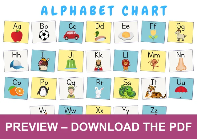 Alphabet chart with uppercase and lowercase A-Z letters and one picture prompt for each letter