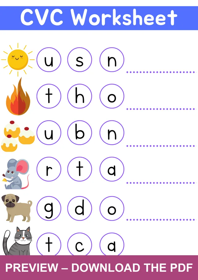 CVC picture letter ordering worksheet with scrambled letters for sun, hot, bun, rat, dog and cat