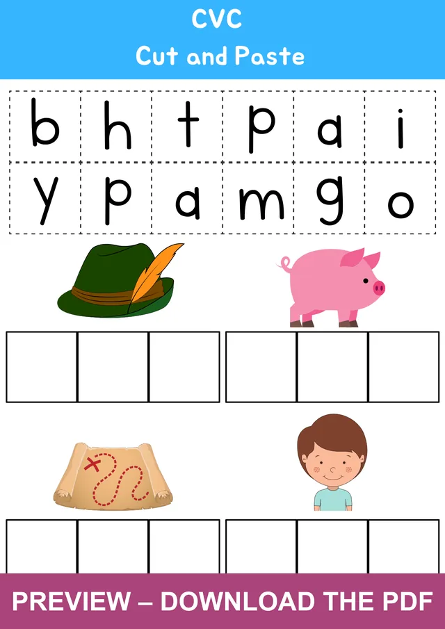 CVC cut-and-paste word building worksheet with letter tiles and pictures for hat, pig, map and boy