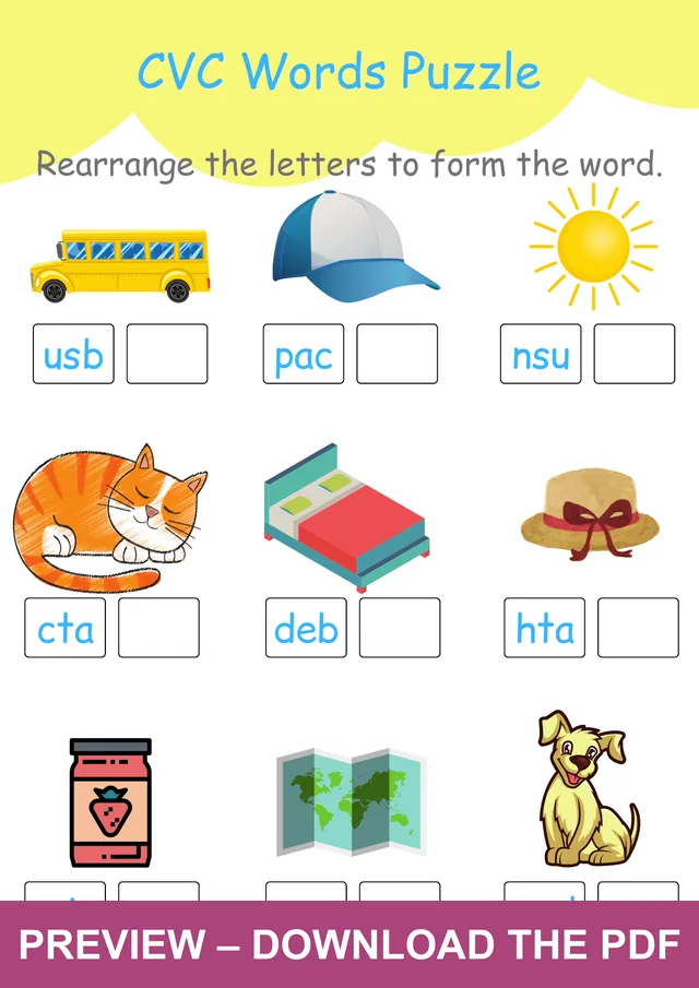 CVC picture word unscrambling puzzle with nine mixed spellings for bus, cap, sun, cat, bed, hat, jam, map and dog