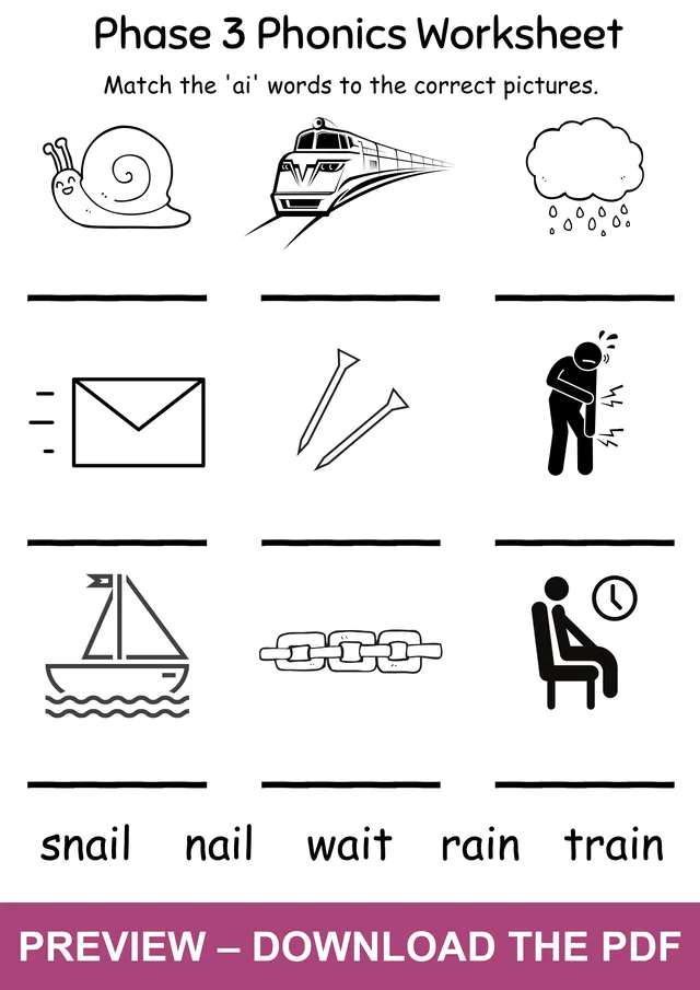 AI digraph word-to-picture matching worksheet with snail, train, rain, mail, nail, pain, sail, chain and wait