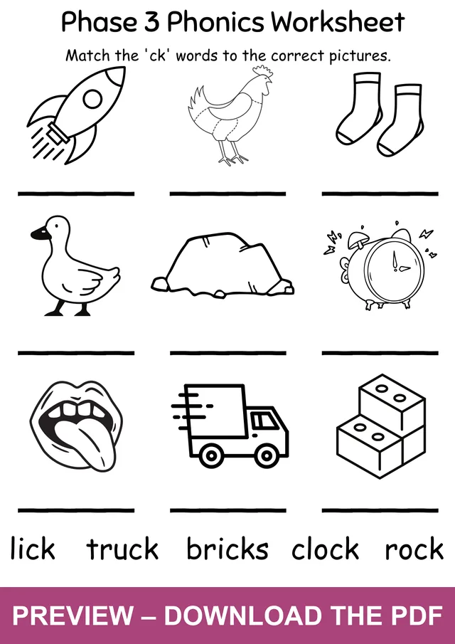 CK word-to-picture matching worksheet with lick, truck, bricks, clock, rock, rocket, duck, socks and chicken