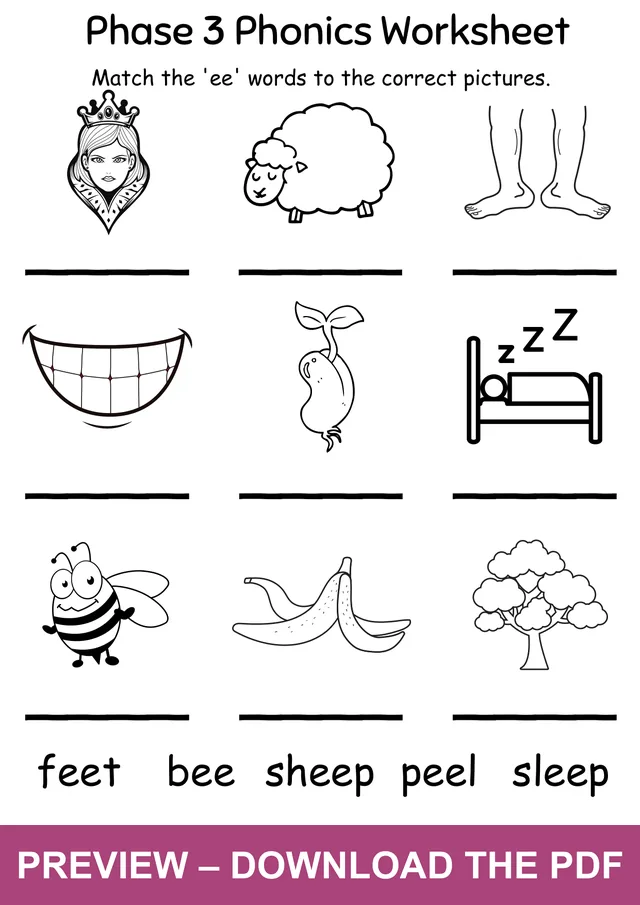 EE word-to-picture matching worksheet with feet, bee, sheep, peel, sleep, tree, queen, teeth and seed