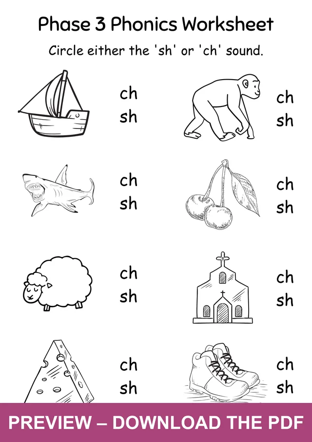 SH or CH Picture Sound Choice Worksheet: sailboat, chimp, shark, cherries, sheep, church, cheese and shoes