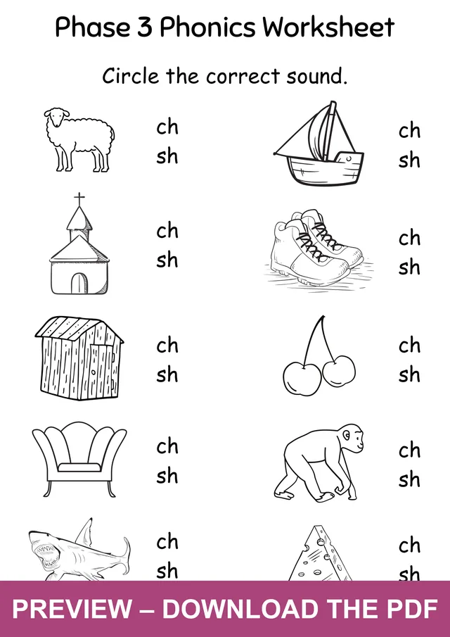 SH and CH Picture Digraph Choice Worksheet: sheep, sailboat, church, shoes, shed, cherries, chair, chimp, shark and cheese