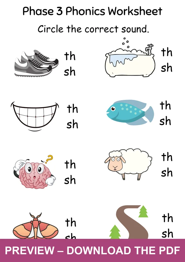 SH or TH Picture Sound Choice Worksheet: shoes, bath, teeth, fish, thought, sheep, moth and path