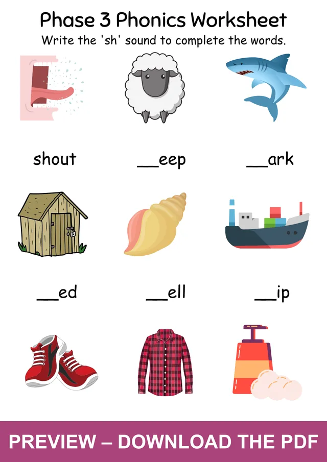 Initial SH Word Completion Worksheet: shout, sheep, shark, shed, shell, ship, shoes, shirt and shampoo