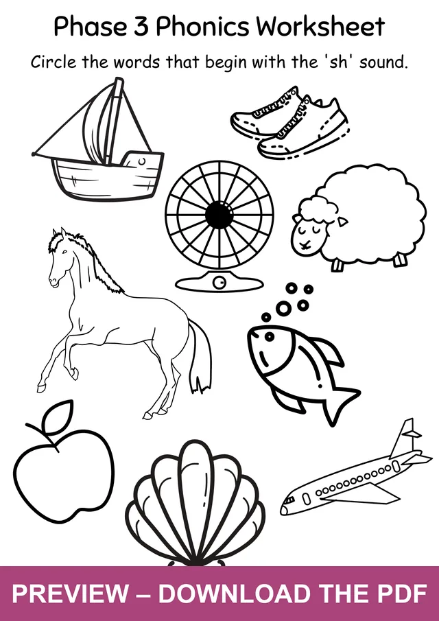 Initial SH Picture Identification Worksheet: ship, shoes, sheep and shell among picture distractors