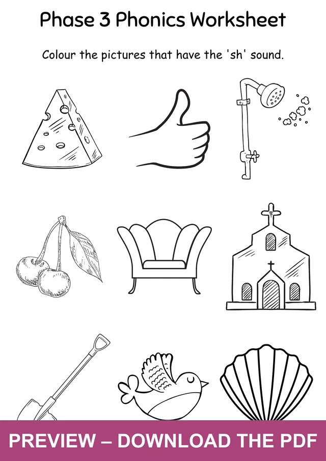 SH Sound Picture Colouring Worksheet: shower, shovel and shell within a mixed picture grid