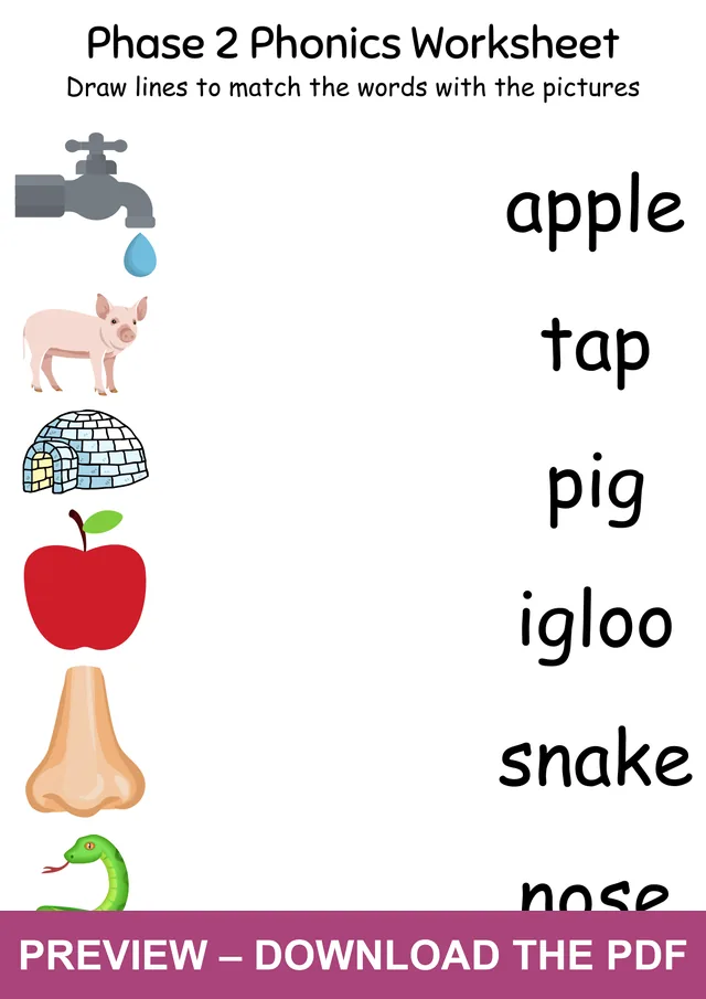 Phase 2 word and picture matching worksheet with tap, pig, igloo, apple, nose and snake