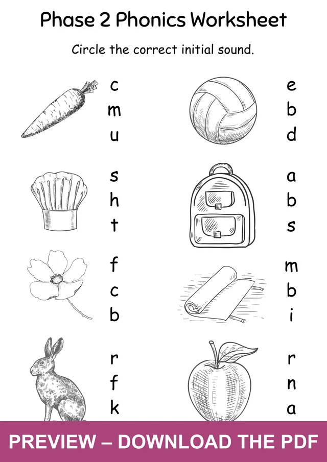 Initial Sound Picture Choice Worksheet: carrot, ball, chef, bag, flower, mat, rabbit and apple