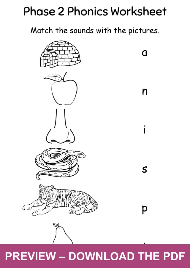 SATPIN Sound and Picture Matching Worksheet: igloo, apple, nose, spaghetti, tiger and pear