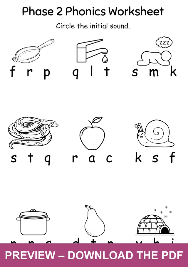 SATPIN Initial Sound Multiple-Choice Worksheet: pan, tap, nap, spaghetti, apple, snail, pot, pear and igloo