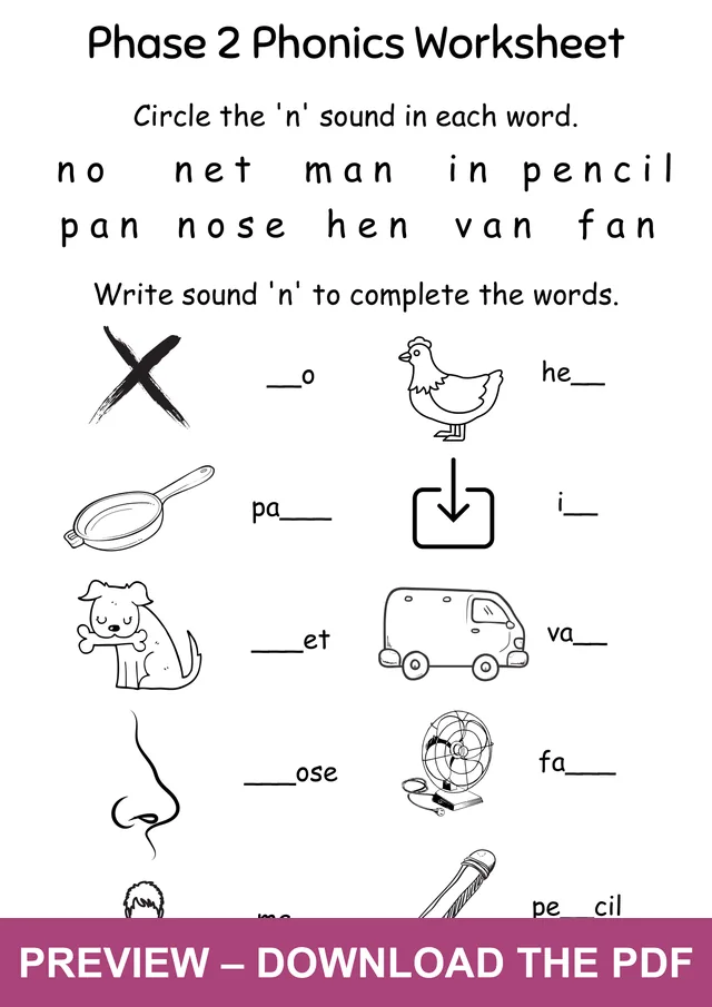 Watermarked preview of the phase 2 n sound recognition and word completion worksheet
