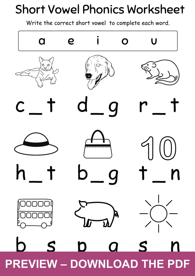Watermarked preview of the short vowel word completion worksheet