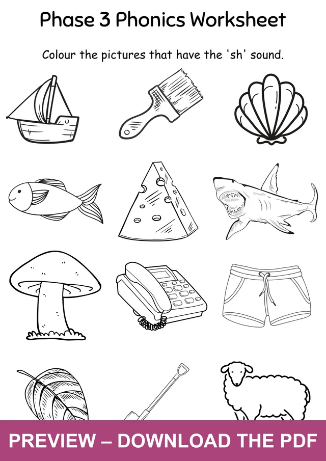 Watermarked preview of the phase 3 sh sound picture colouring worksheet