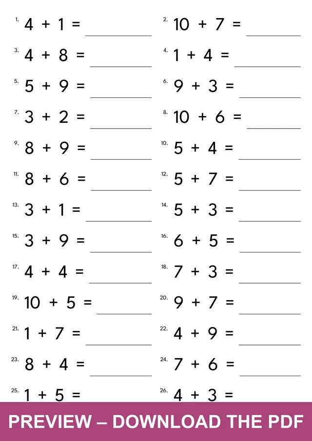Preview of the first addition facts to 20 worksheet