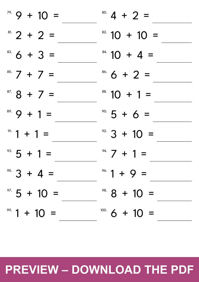 Preview of the fourth addition facts to 20 worksheet