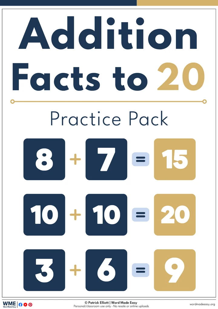 Addition Facts to 20 Practice Pack front cover