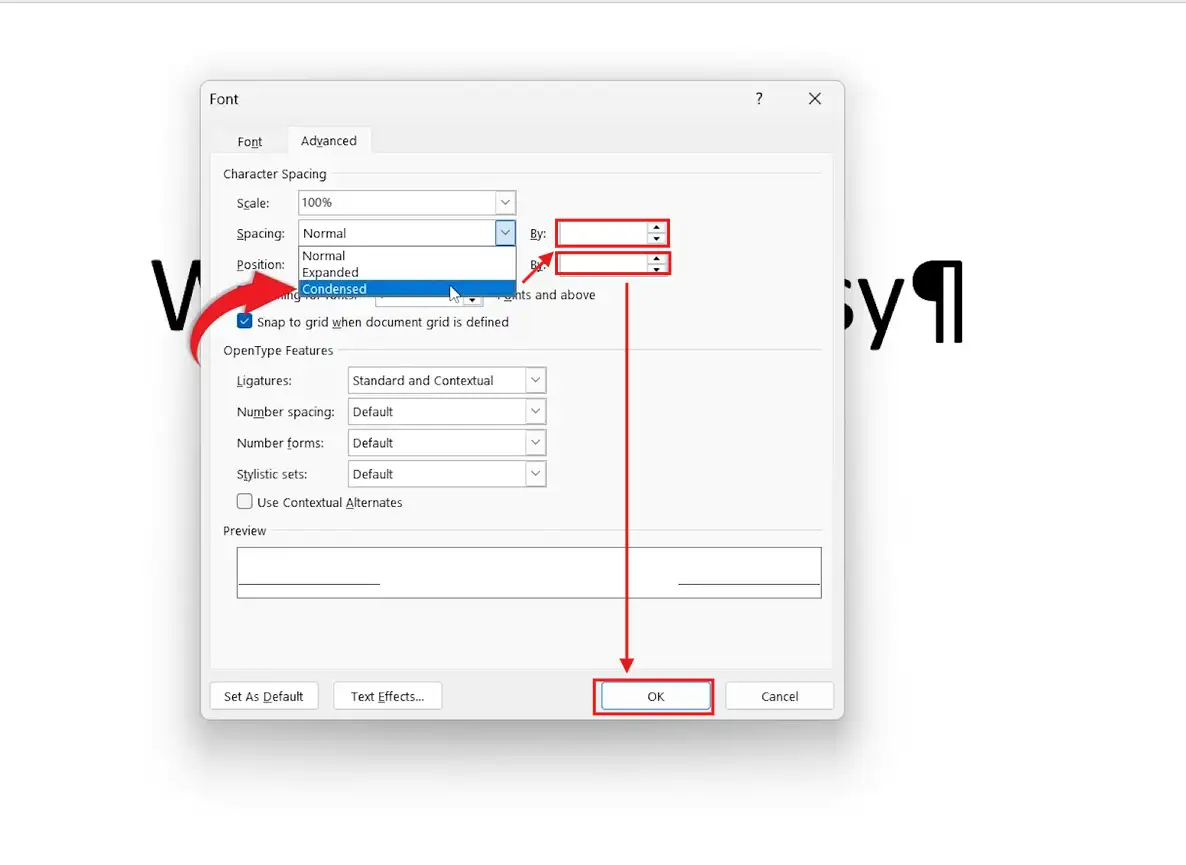 Adjust space between words in Word using the Font dialog Advanced spacing controls