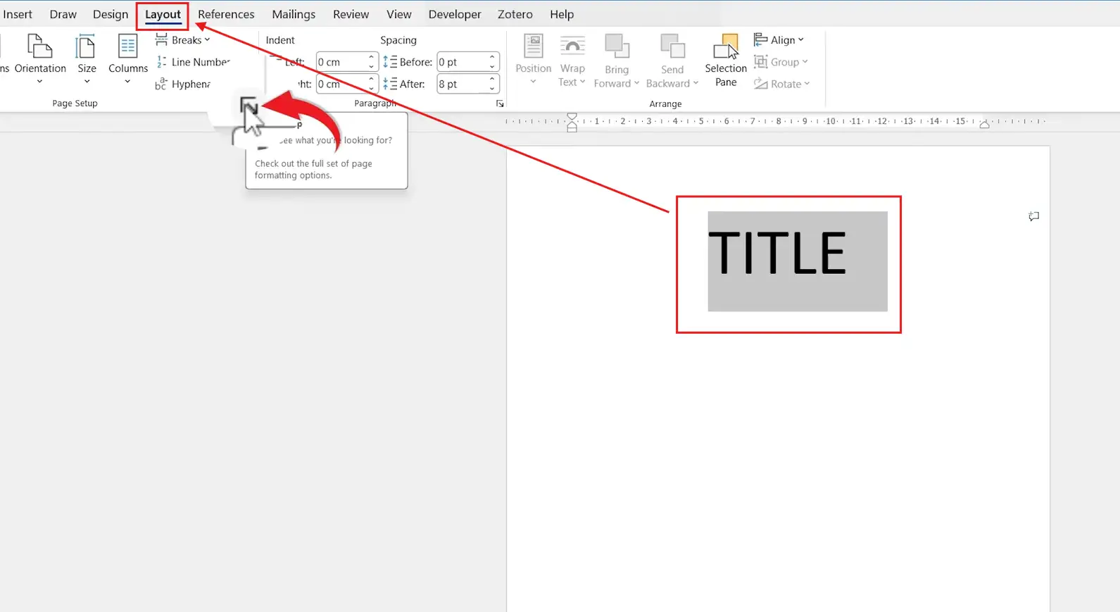 Microsoft Word Layout tab showing the Page Setup options for vertically centering text on a page