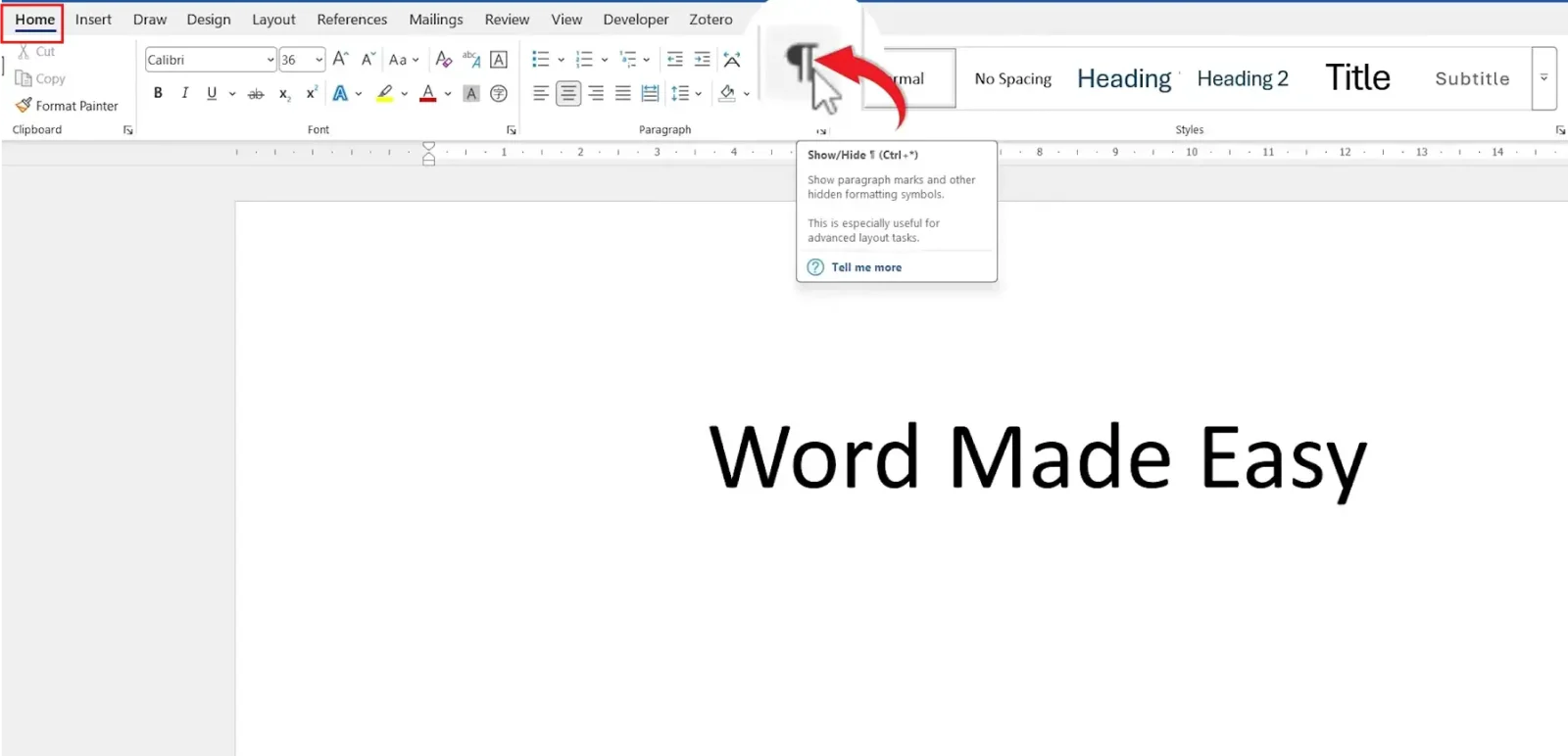 Microsoft Word tutorial showing the Show or Hide Paragraph Marks button on the Home tab for displaying formatting marks in a document.