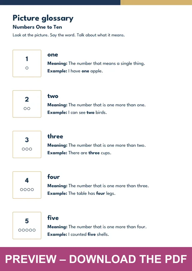 Numbers One to Ten picture glossary preview, PDF page 3