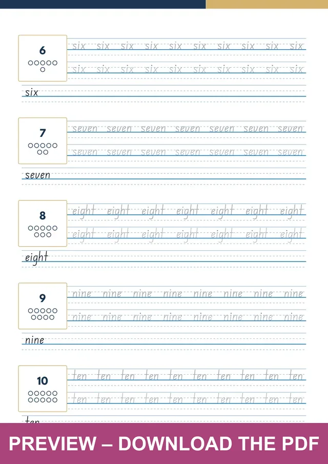 Numbers One to Ten another handwriting sheet preview, PDF page 6