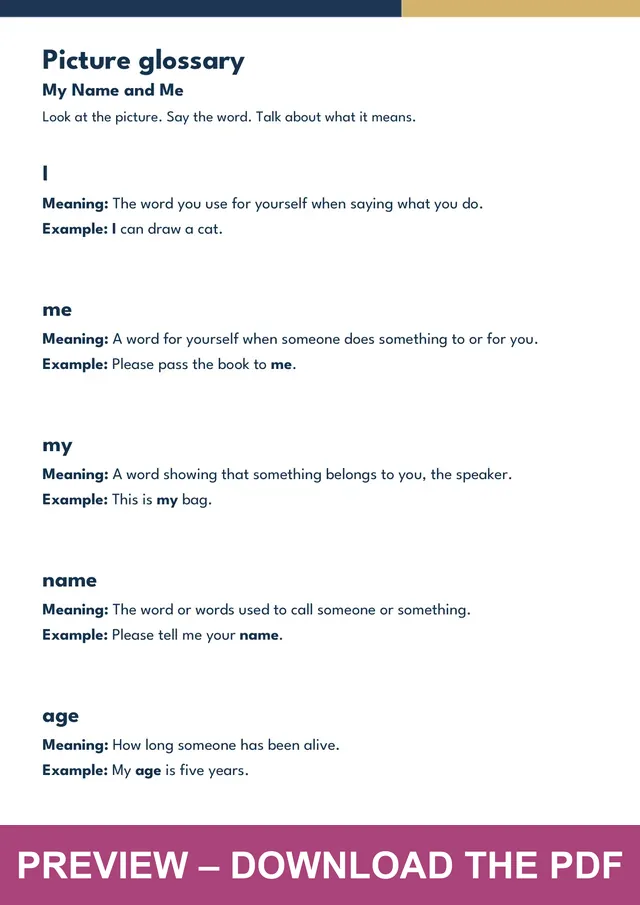 My Name and Me picture glossary preview, PDF page 3