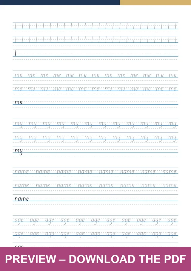 My Name and Me first handwriting sheet preview, PDF page 7