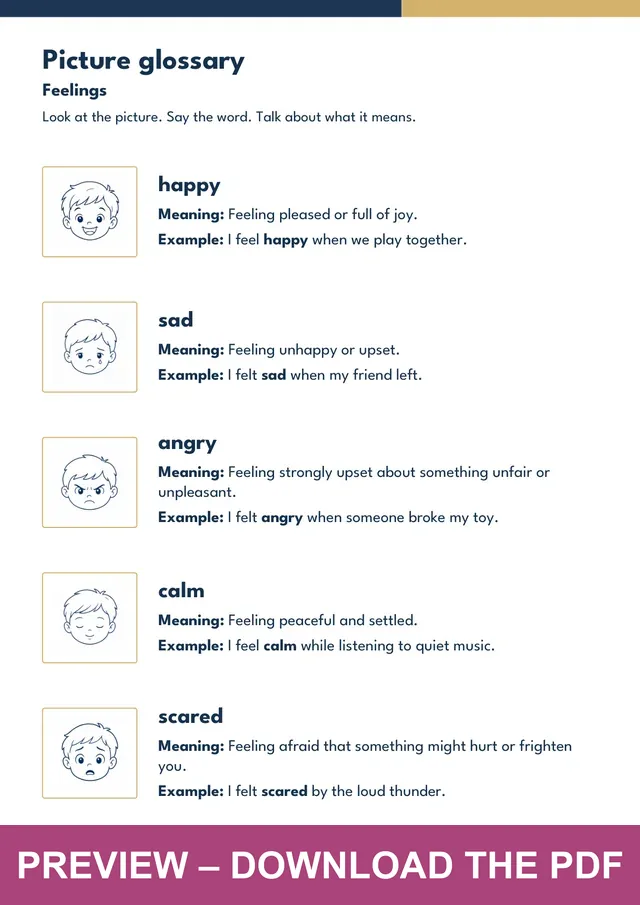Feelings picture glossary preview, PDF page 3