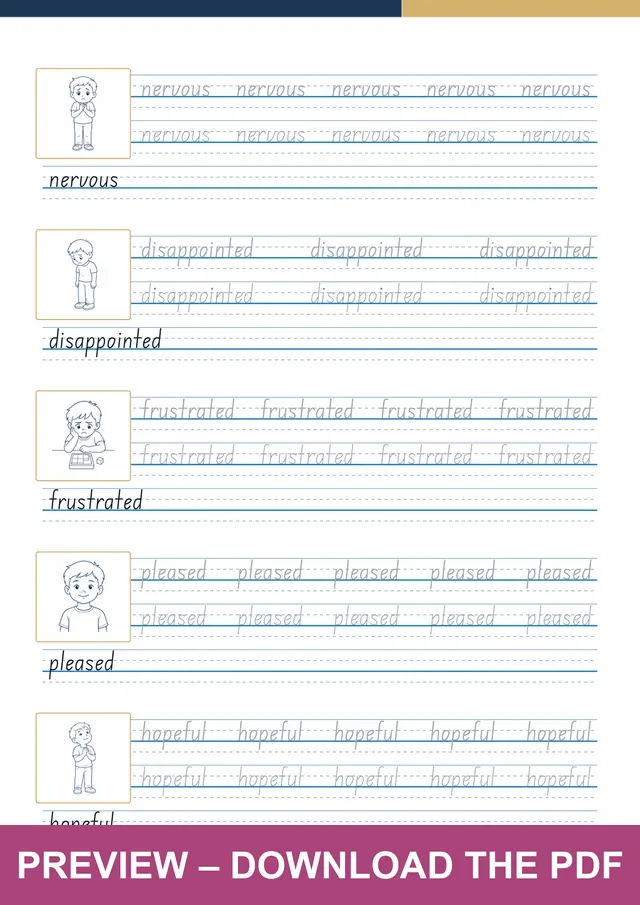 Feelings another handwriting sheet preview, PDF page 10