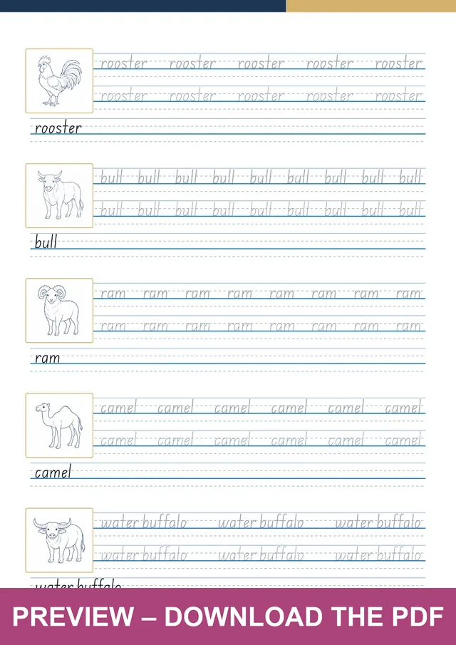 Farm Animals another handwriting sheet preview, PDF page 12