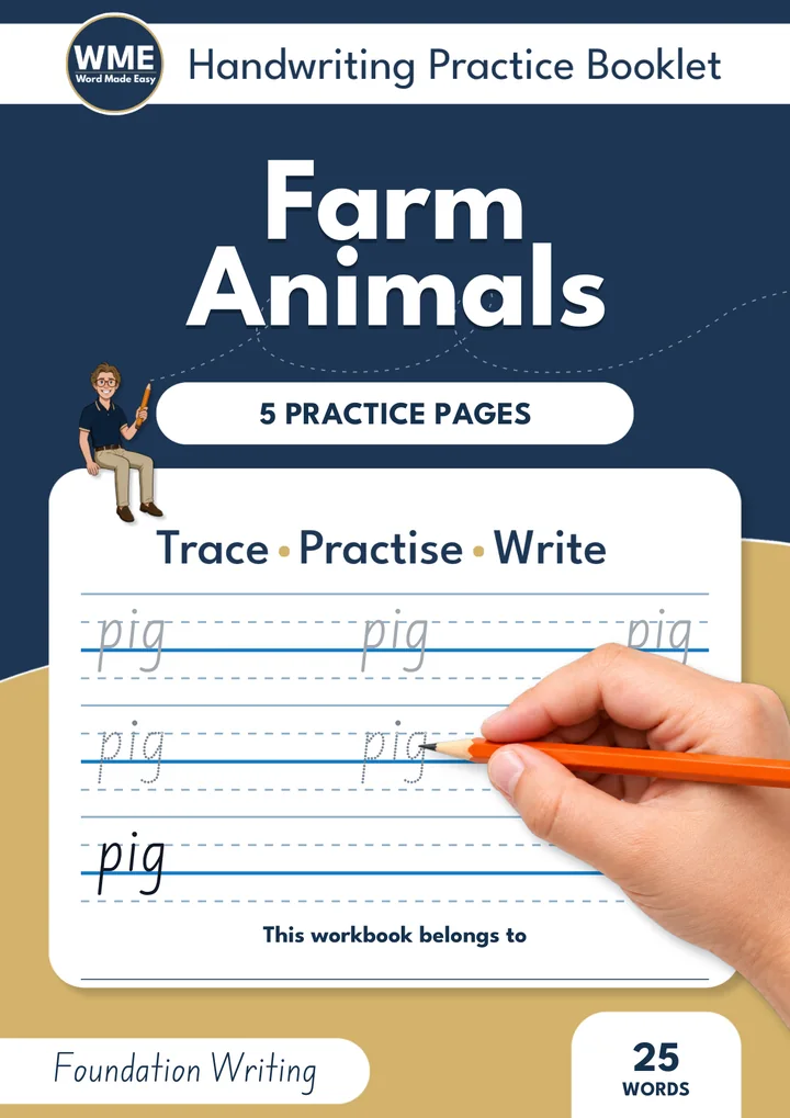 farm animal words handwriting workbook front cover