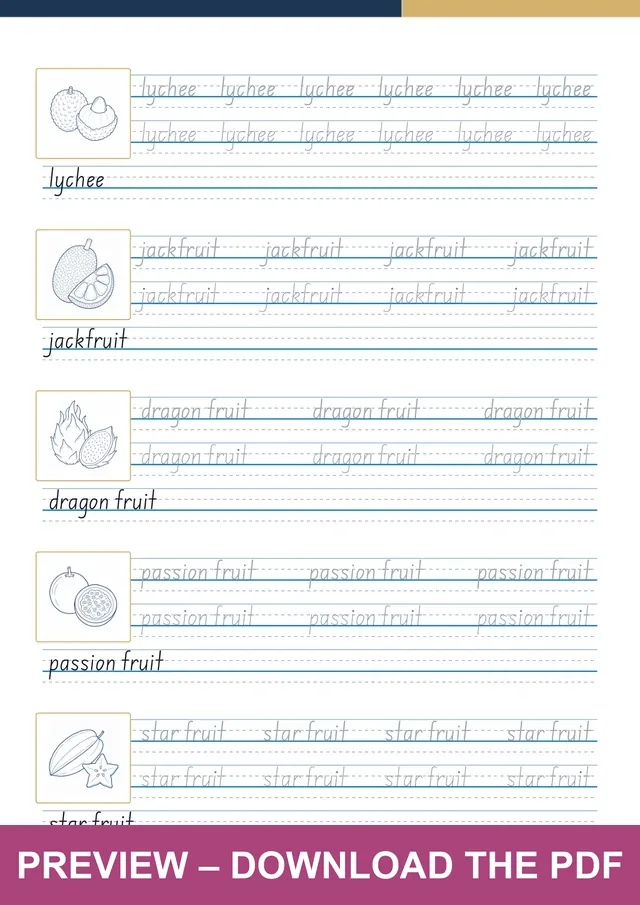 Fruit another handwriting sheet preview, PDF page 16