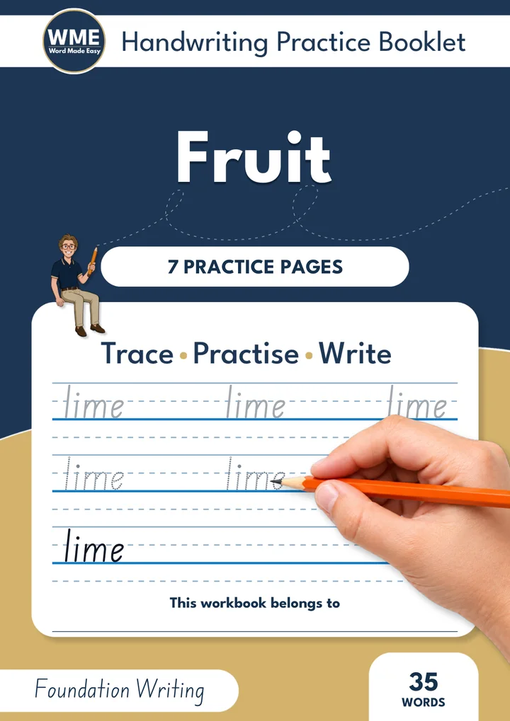 fruit words handwriting workbook front cover