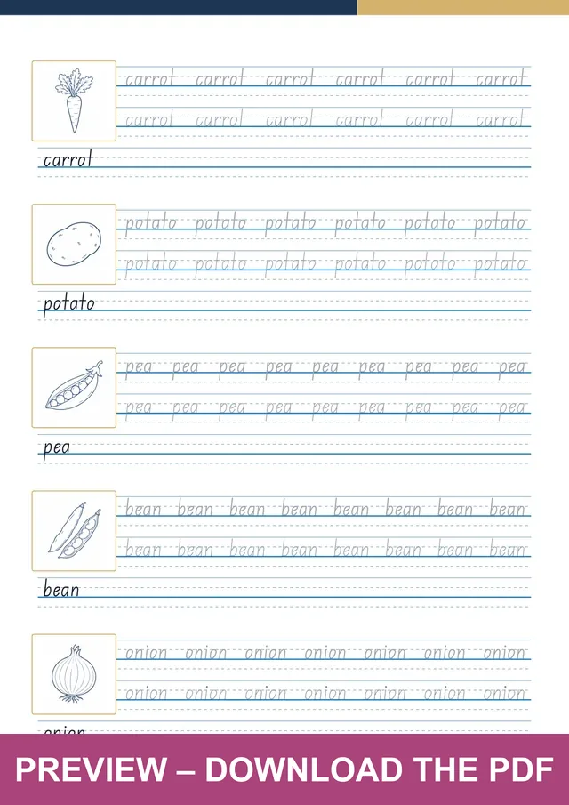 Vegetables first handwriting sheet preview, PDF page 9