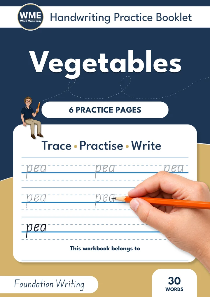 vegetable words handwriting workbook front cover