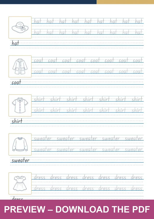 Clothes first handwriting sheet preview, PDF page 11