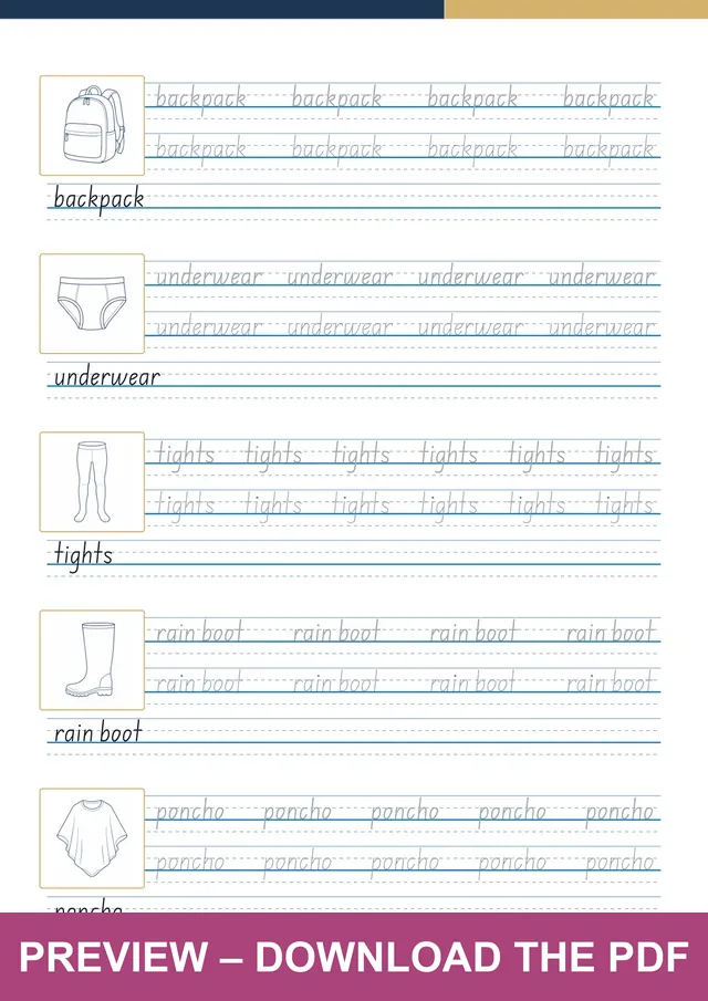 Clothes another handwriting sheet preview, PDF page 18