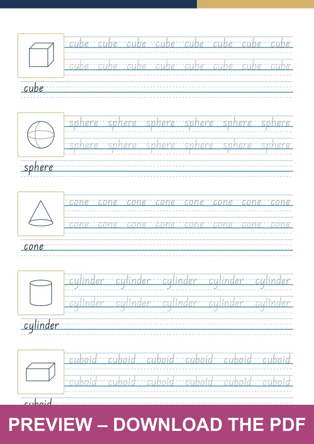 3D Shapes first handwriting sheet preview, PDF page 5