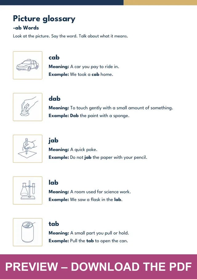 -ab word family picture glossary preview, PDF page 3