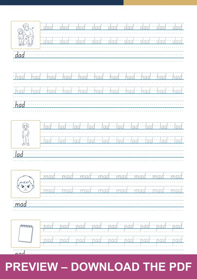 -ad word family first handwriting sheet preview, PDF page 5