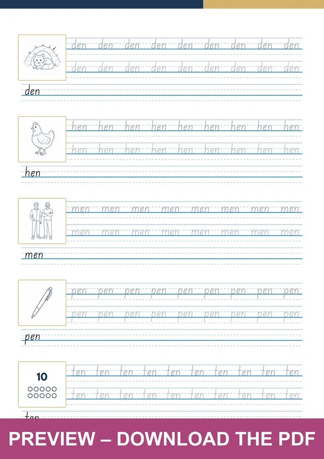 -en word family first handwriting sheet preview, PDF page 4