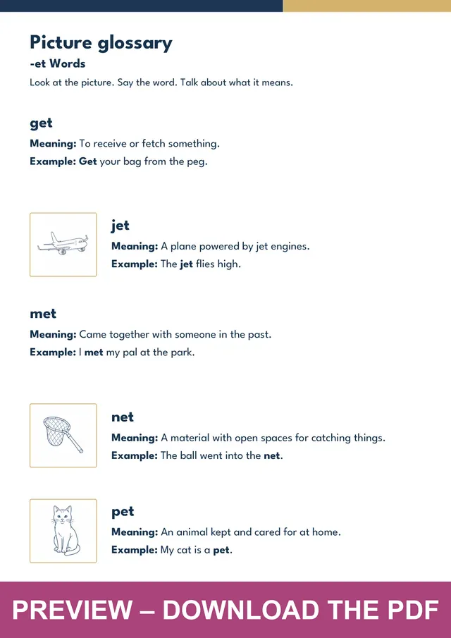 -et word family picture glossary preview, PDF page 3
