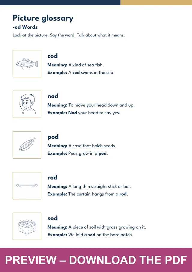 -od word family picture glossary preview, PDF page 3