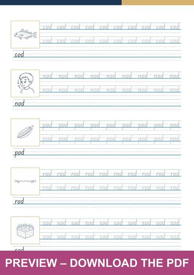 -od word family first handwriting sheet preview, PDF page 4