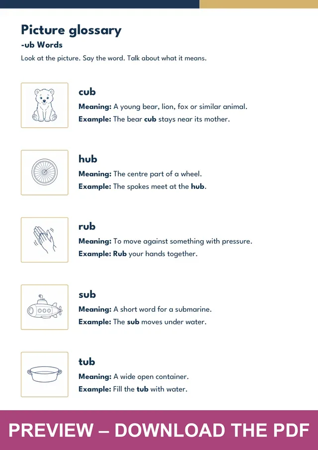 -ub word family picture glossary preview, PDF page 3
